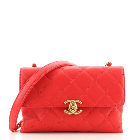 Chanel Handbags - Chanel Chain Bar Top Handle Flap Bag Quilted Calfskin Mini Red